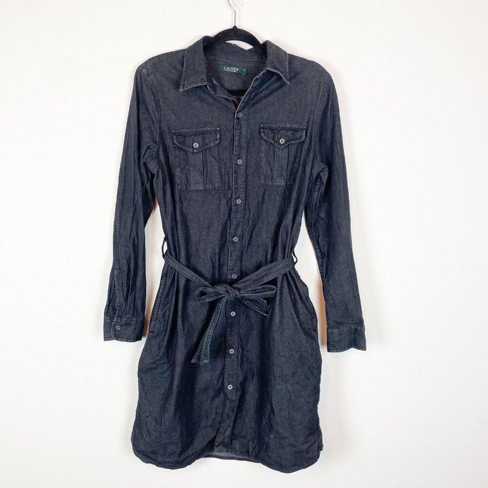 Lauren Ralph Lauren Women's M Gray Long Sleeve Denim Shirt Dress Belted